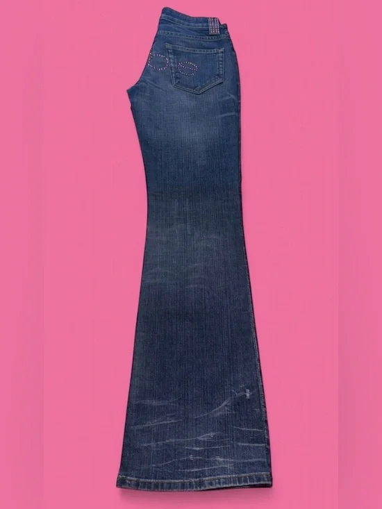 bebe Blue Denim Bootcut Jeans with Pink Rhinestone Logo - Picture 3 of 12